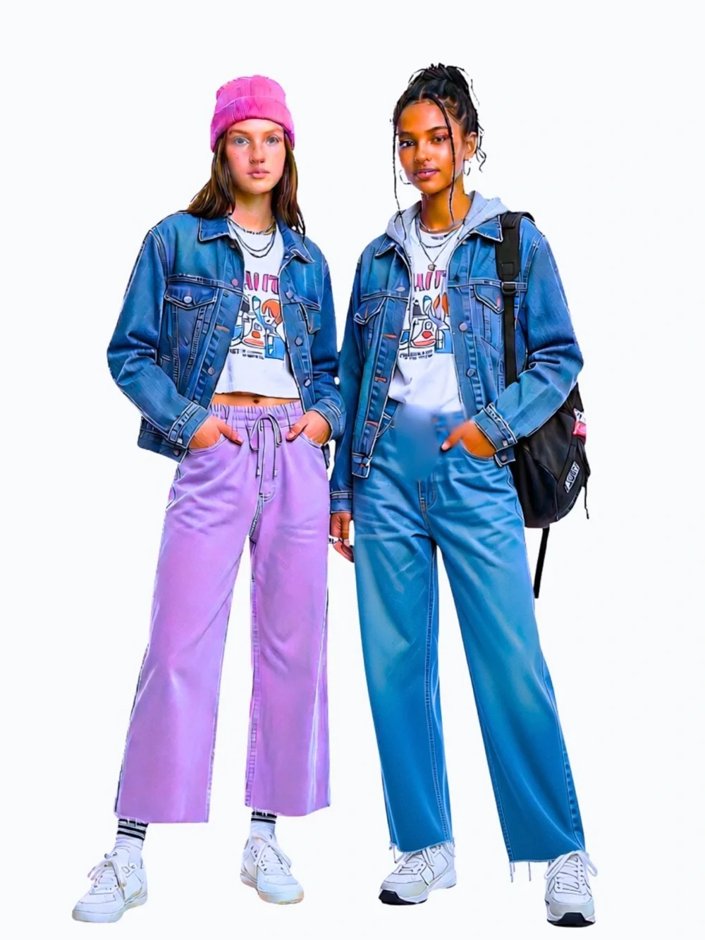 Girls Wide-Leg Jeans in Lavender and Blue - Comfortable Casual Fit